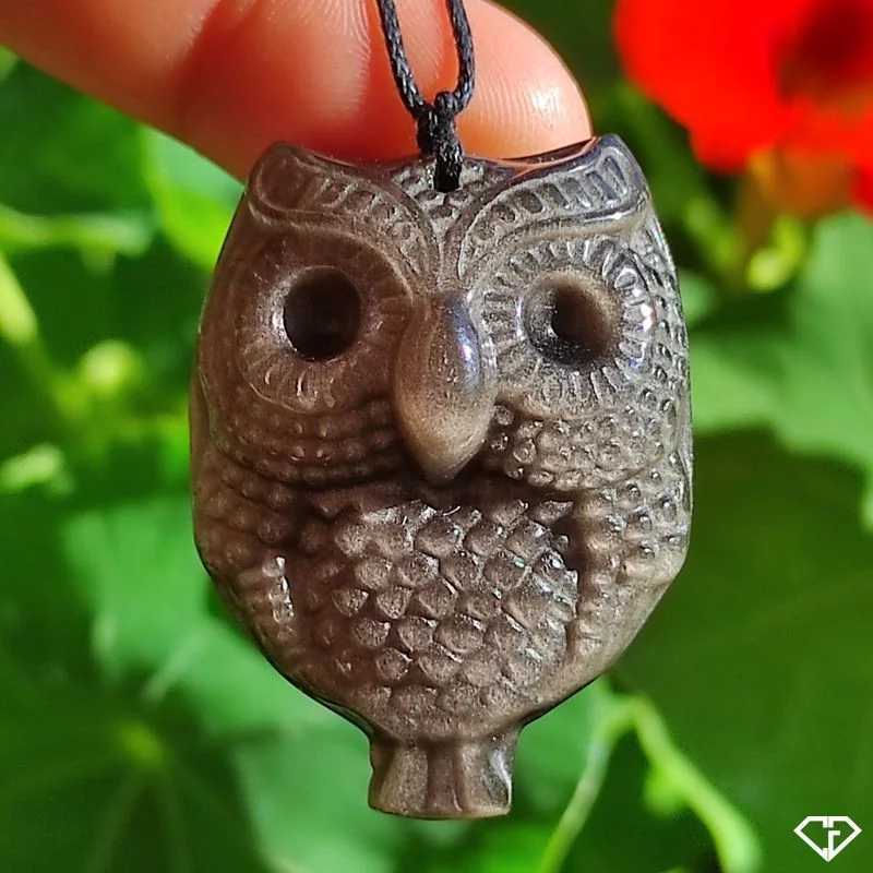 Pendentif Chouette en Obsidienne argentée