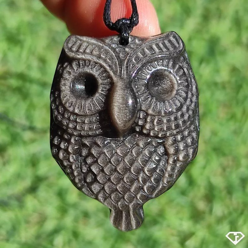 Pendentif Chouette en Obsidienne argentée