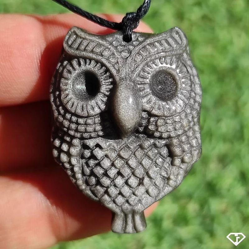 Pendentif Chouette en Obsidienne argentée