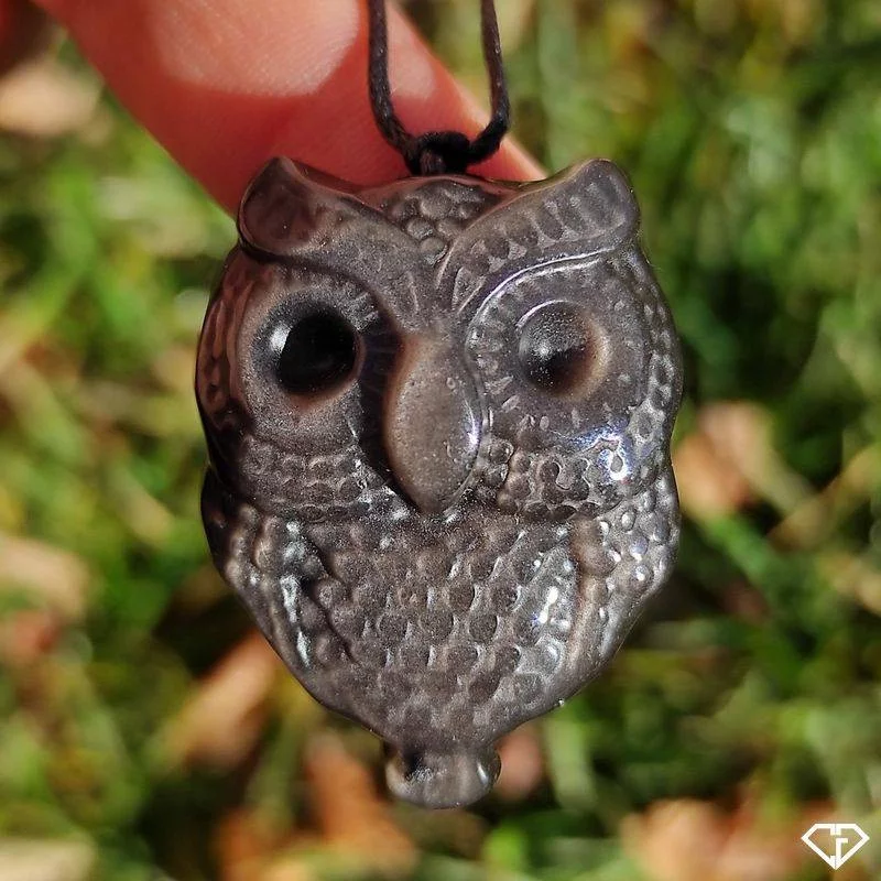 Pendentif Chouette en Obsidienne argentée