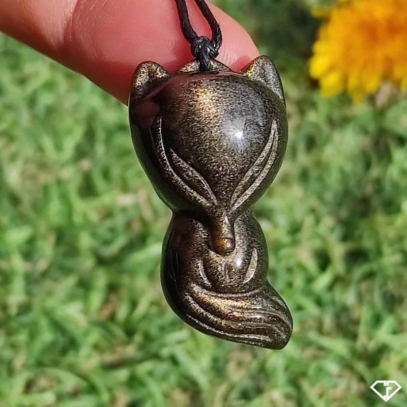 Pendentif Renard en Obsidienne dorée