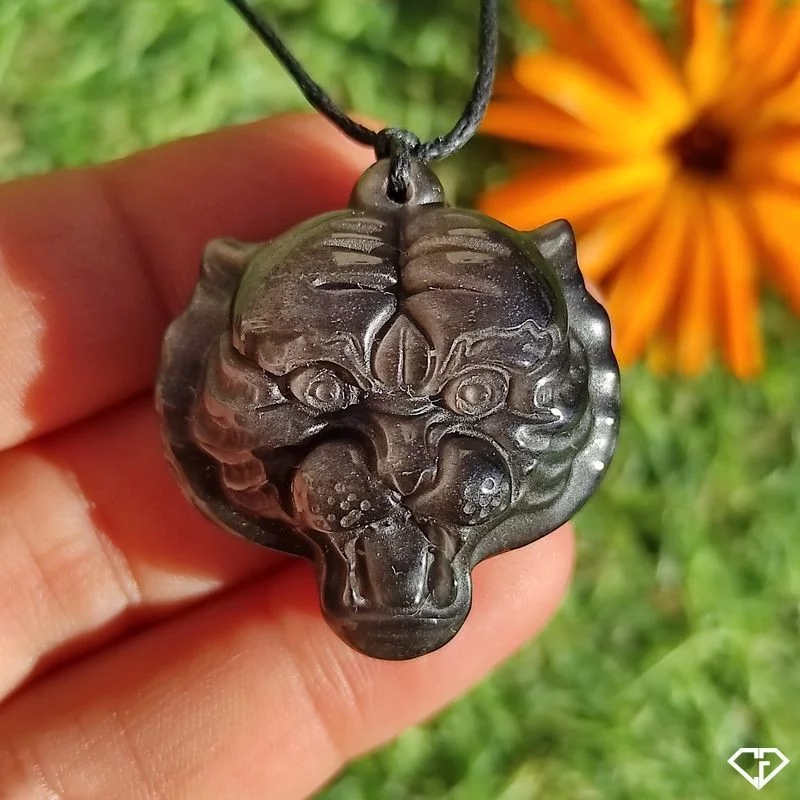 Pendentif Tigre en Obsidienne argentée