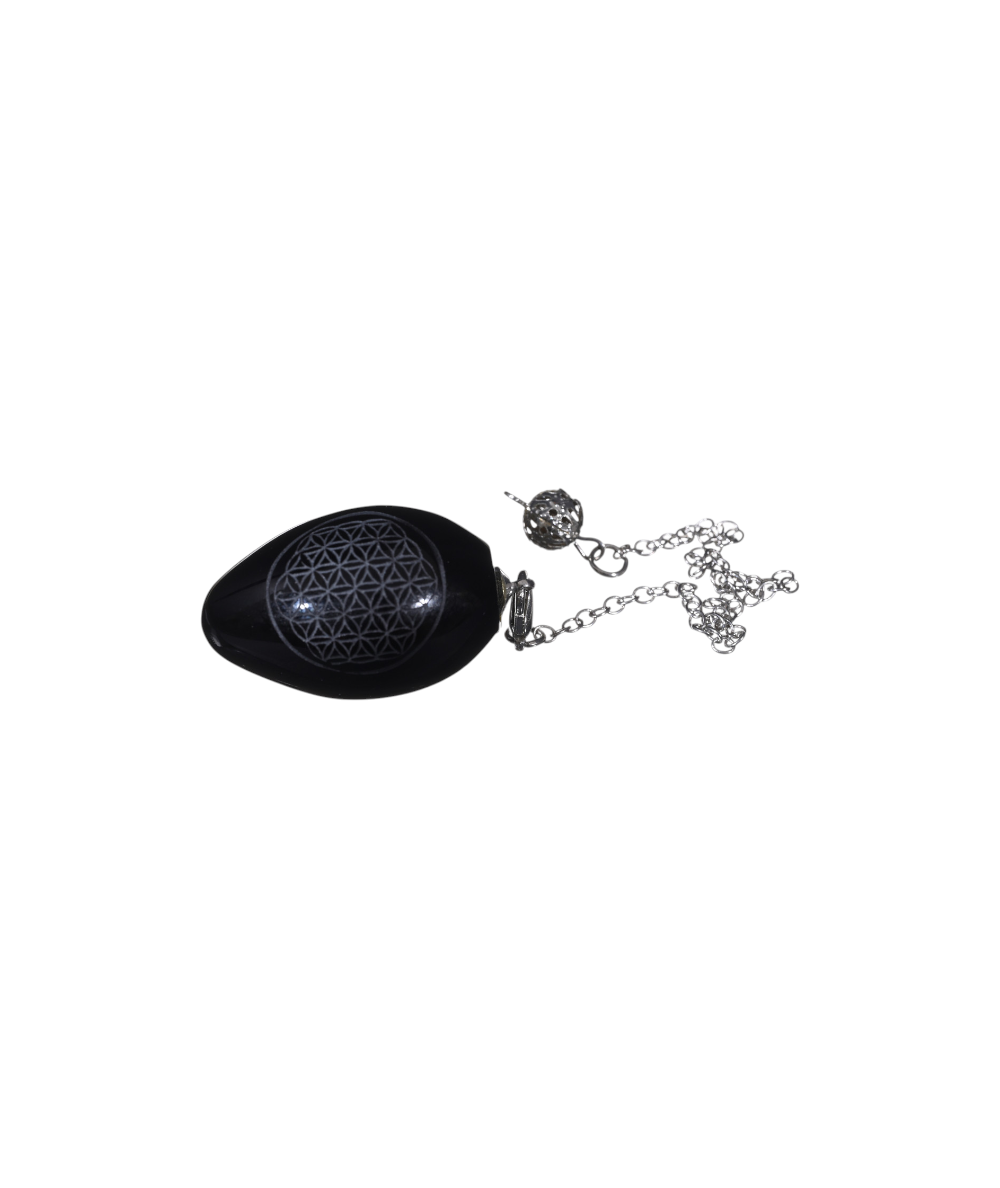 Obsidienne Noire - Pendule Oeuf - Gravé Fleur De Vie